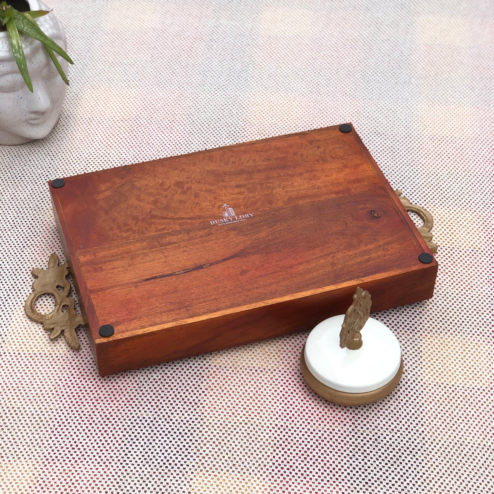 Atithi DryFruit Wooden Tray | 6 Metal Bowl Dusky Lory