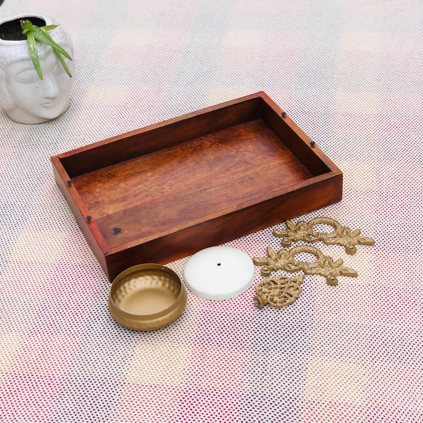 Atithi DryFruit Wooden Tray | 6 Metal Bowl Dusky Lory