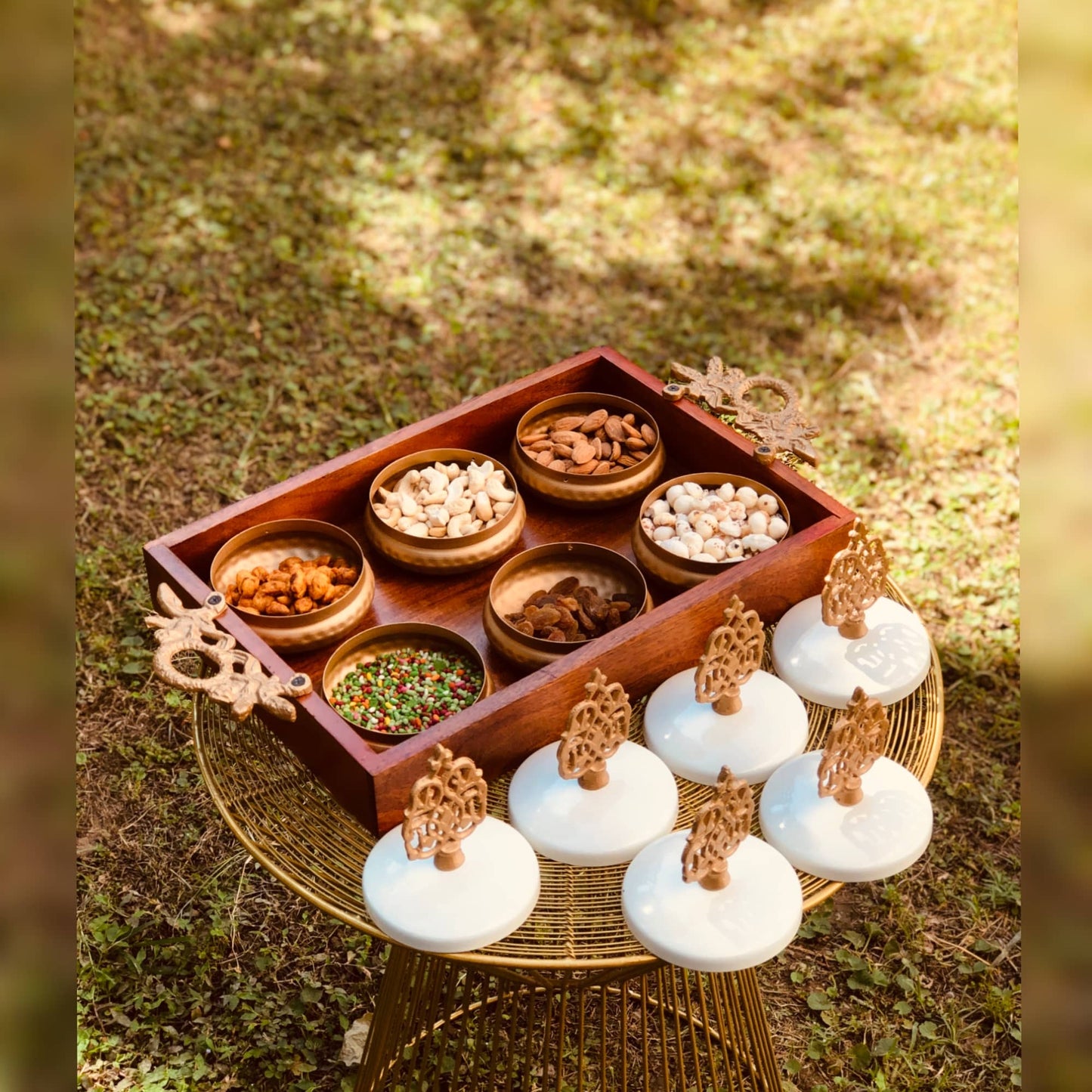 Atithi DryFruit Wooden Tray | 6 Metal Bowl Dusky Lory